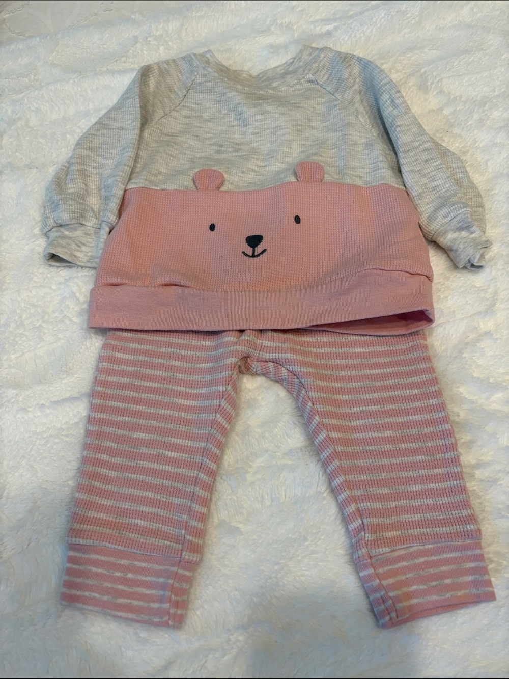 Carter's Gray and Pink Bear Top with Pink Striped Pants Matching Set 3-6 months